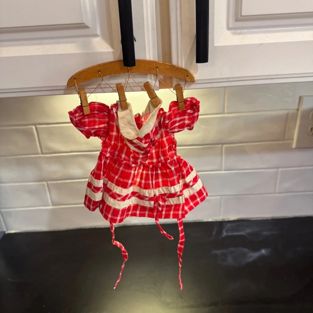 Vintage Doll Dress Red White Gingham Check Peter Pan Collar Tiny Hanger